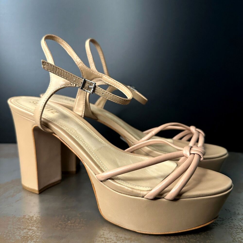 Schutz Platform Sandal 10.5 Block Heel Strappy Knot Chic Elegant Nude Tan Kelsie